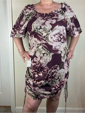 Mia Joy Alyssa Dress XXL Floral Ruched above knee Puff Sleeve Square Neck NEW